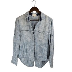 Cloth & Stone Anthropologie Split Back Top Blue Woven Cotton Blouse Sz S